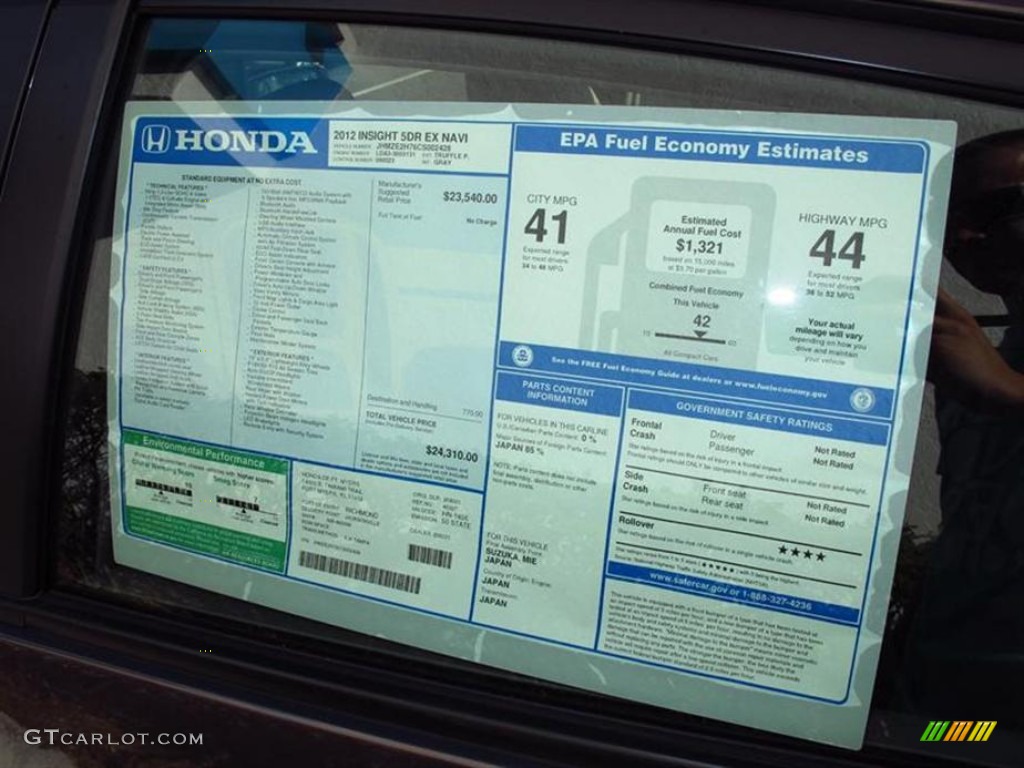 2012 Honda Insight EX Navigation Hybrid Window Sticker Photos