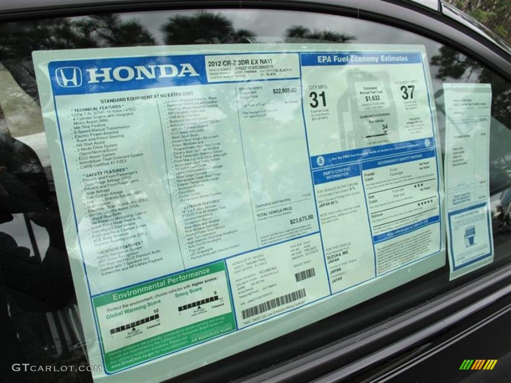 2012 Honda CR-Z EX Navigation Sport Hybrid Window Sticker Photo #59925584