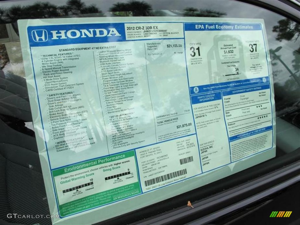 2012 Honda CR-Z EX Sport Hybrid Window Sticker Photo #59925681