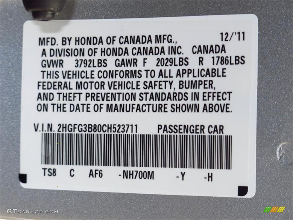 2012 Civic Color Code NH700M for Alabaster Silver Metallic Photo #59925875
