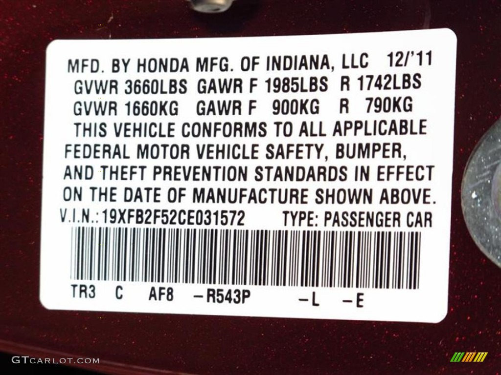 2012 Civic Color Code R543P for Crimson Pearl Photo #59926583