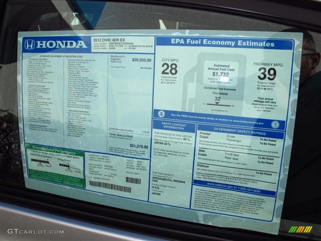 2012 Honda Civic EX Sedan Window Sticker Photo #59927024
