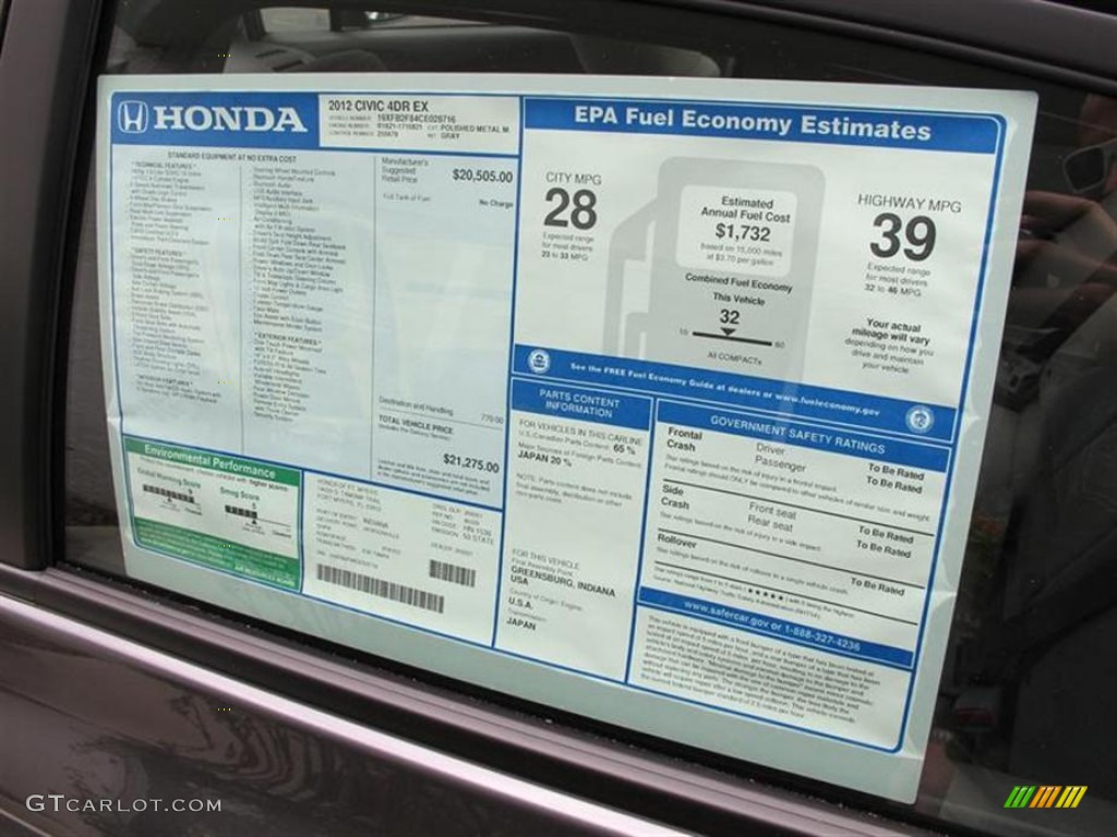 2012 Honda Civic EX Sedan Window Sticker Photo #59927117