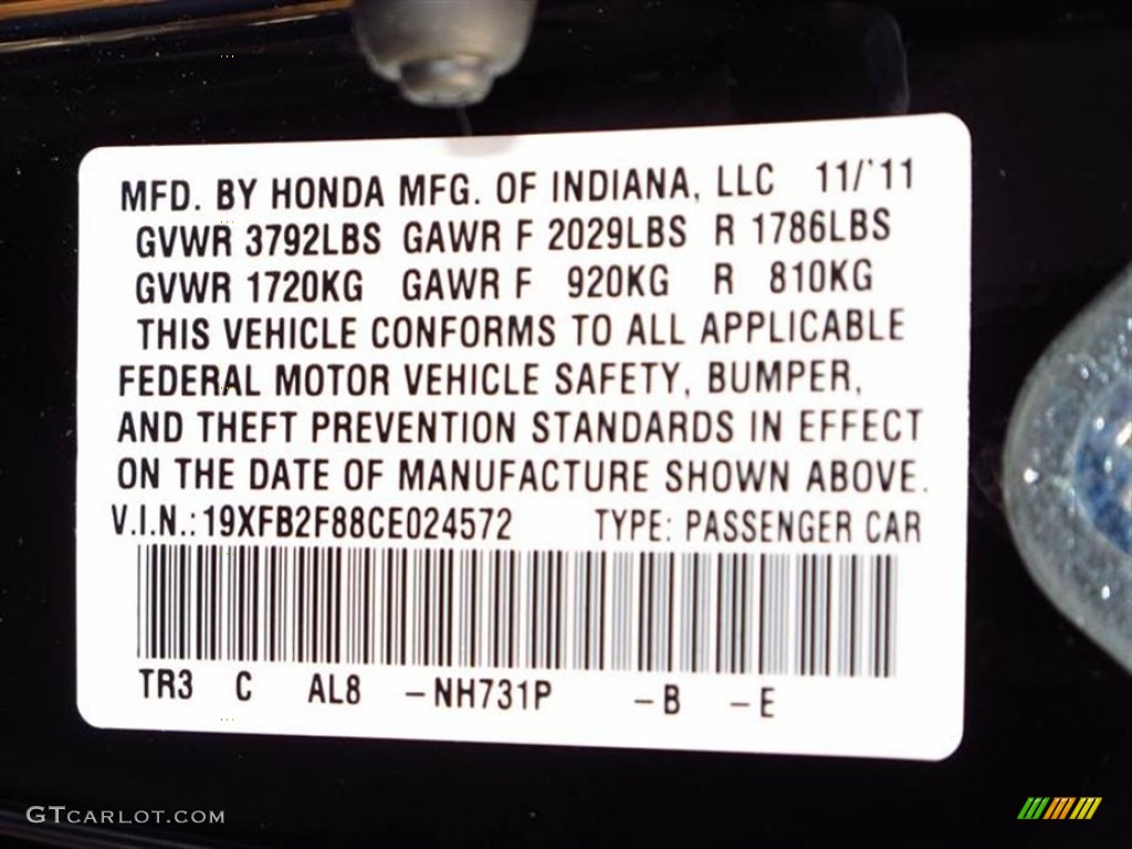2012 Civic Color Code NH731P for Crystal Black Pearl Photo #59927399