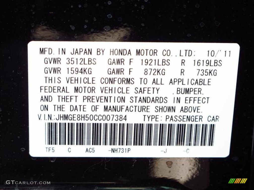 2012 Fit Color Code NH731P for Crystal Black Pearl Photo #59927678