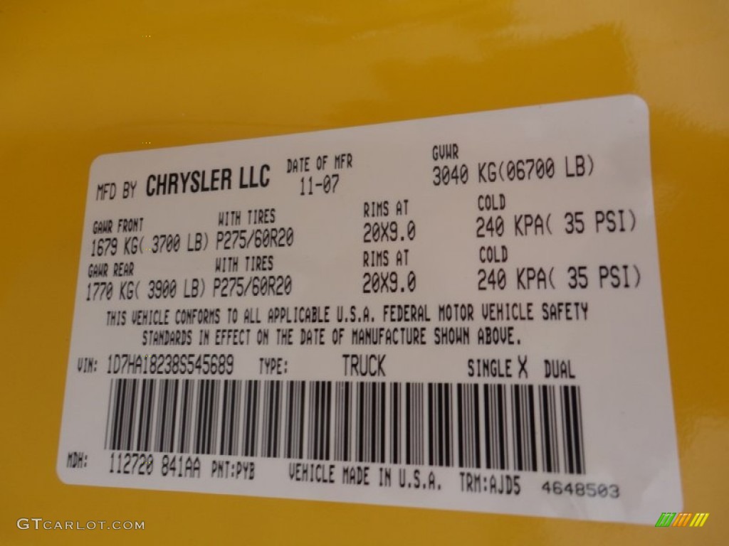 2008 Ram 1500 Color Code PYB for Detonator Yellow Photo #59945912