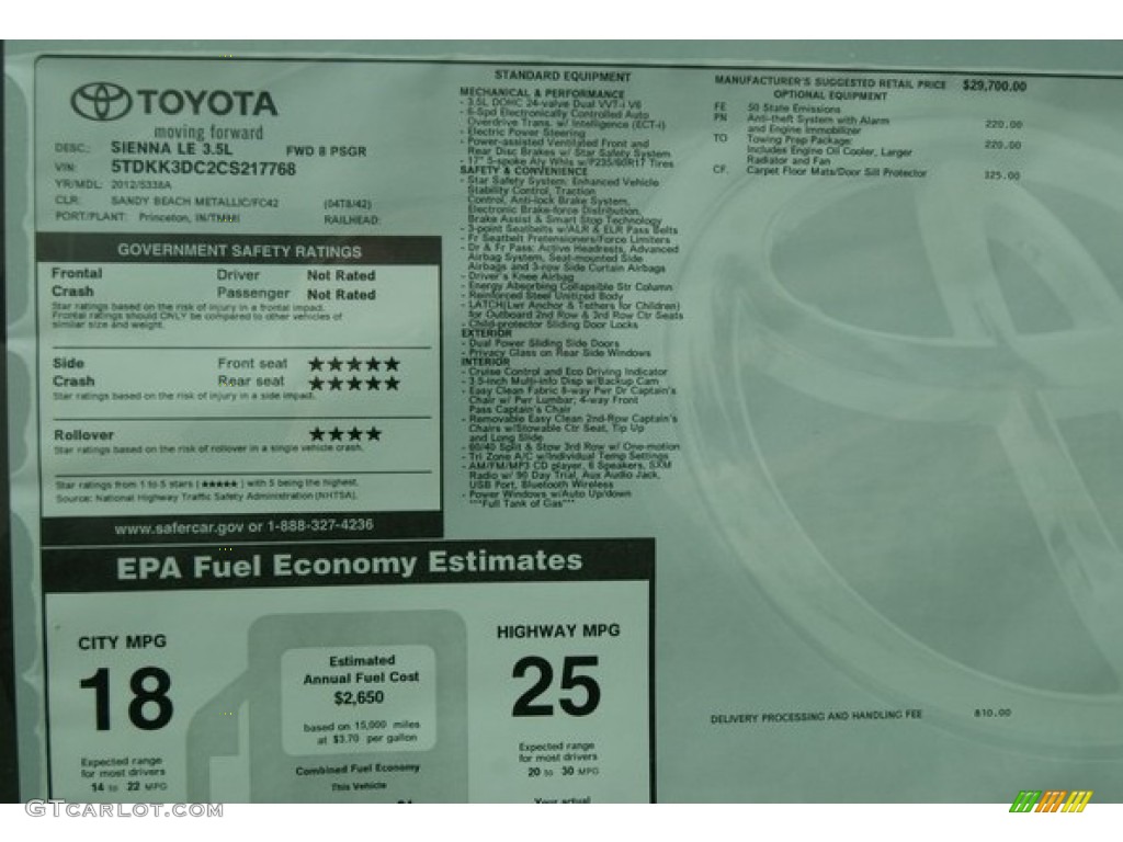2012 Toyota Sienna LE Window Sticker Photo #59947661
