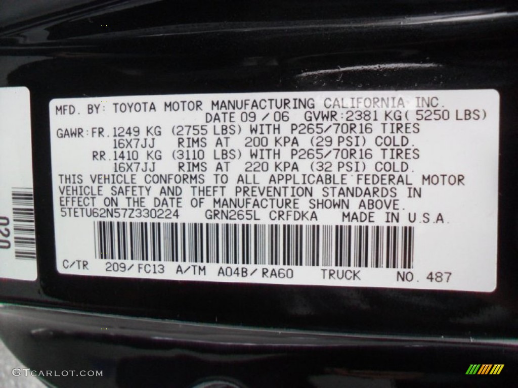 2007 Toyota Tacoma V6 PreRunner TRD Access Cab Color Code Photos