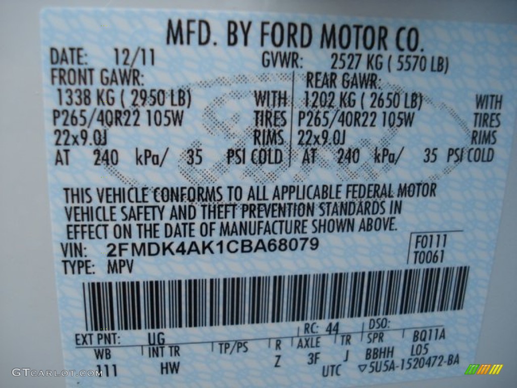 2012 Edge Color Code UG for White Platinum Metallic Tri-Coat Photo #59964440