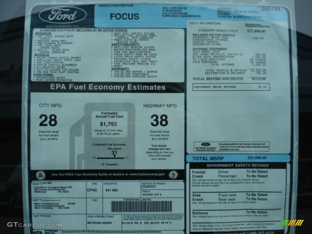 2012 Ford Focus SE Sedan Window Sticker Photo #59965367