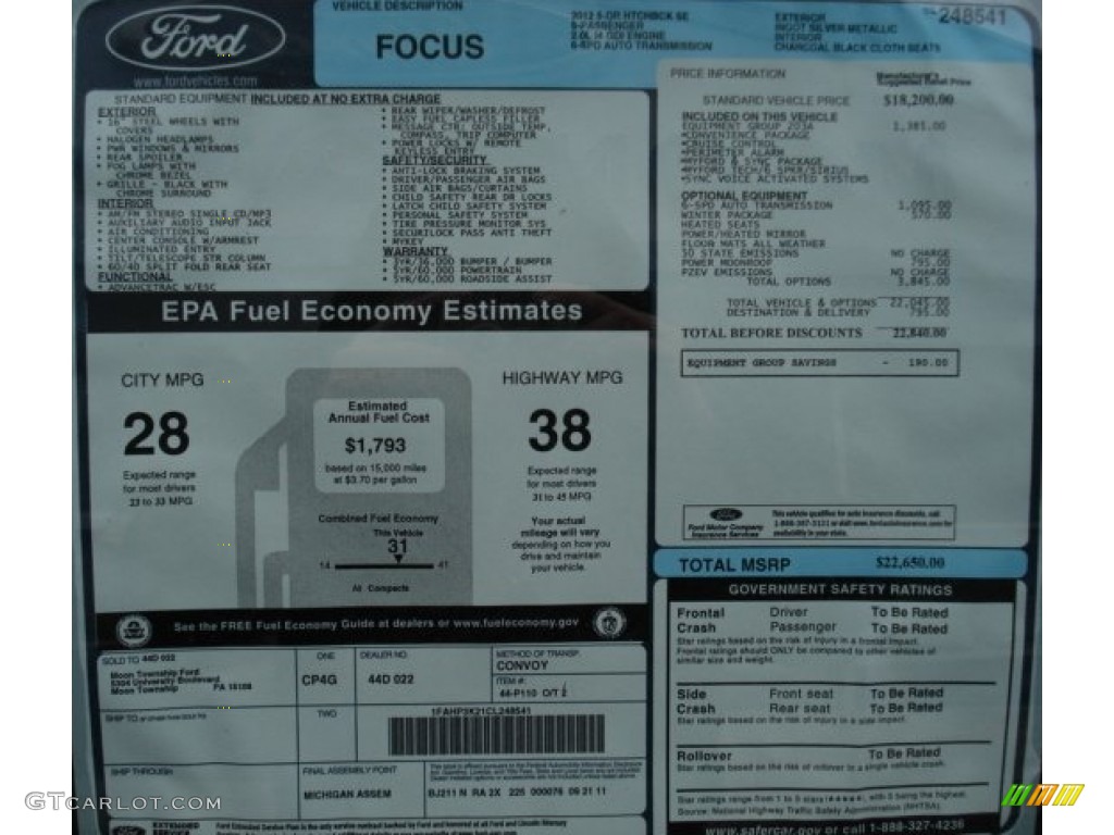 2012 Ford Focus SE 5-Door Window Sticker Photo #59966117