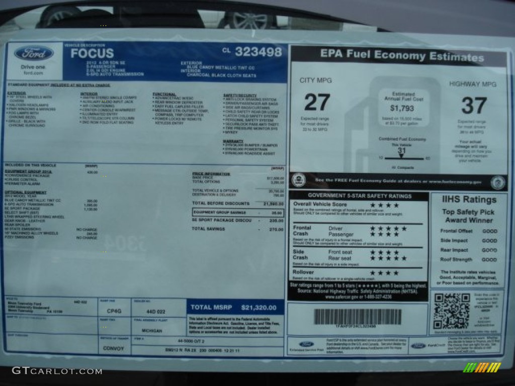 2012 Ford Focus SE Sport Sedan Window Sticker Photo #59968644