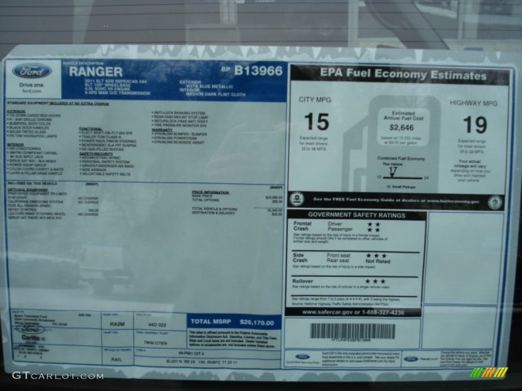 2011 Ford Ranger XLT SuperCab 4x4 Window Sticker Photo #59970012
