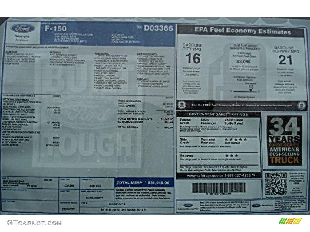 2012 Ford F150 XL Regular Cab 4x4 Window Sticker Photo #59970856