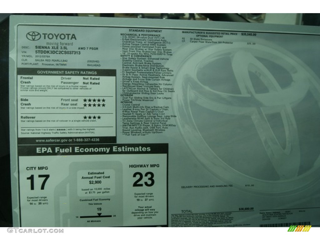 2012 Toyota Sienna XLE AWD Window Sticker Photo #59988001
