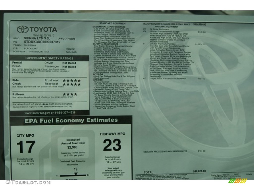 2012 Toyota Sienna Limited AWD Window Sticker Photo #59988178