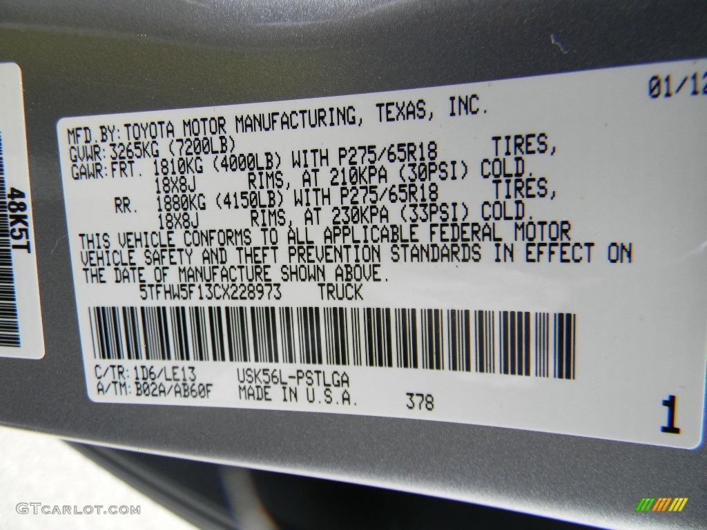 2012 Tundra Color Code 1D6 for Silver Sky Metallic Photo #59993146