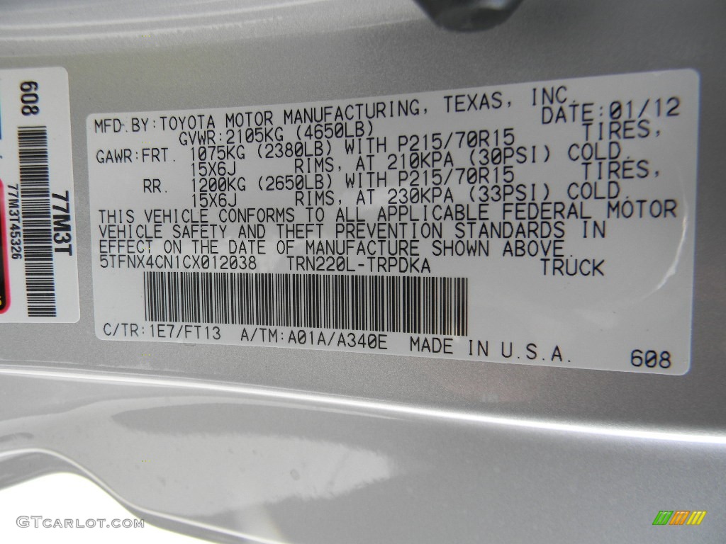 2012 Tacoma Color Code 1E7 for Silver Streak Mica Photo #59993692