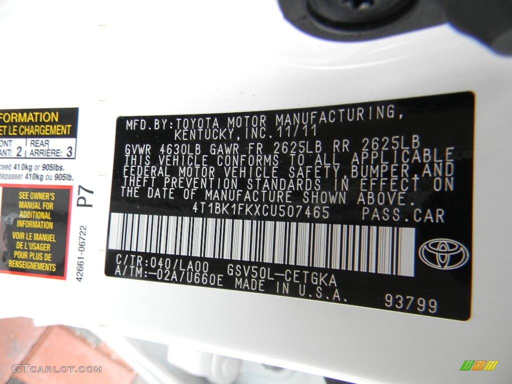 2012 Camry Color Code 040 for Super White Photo #59994082