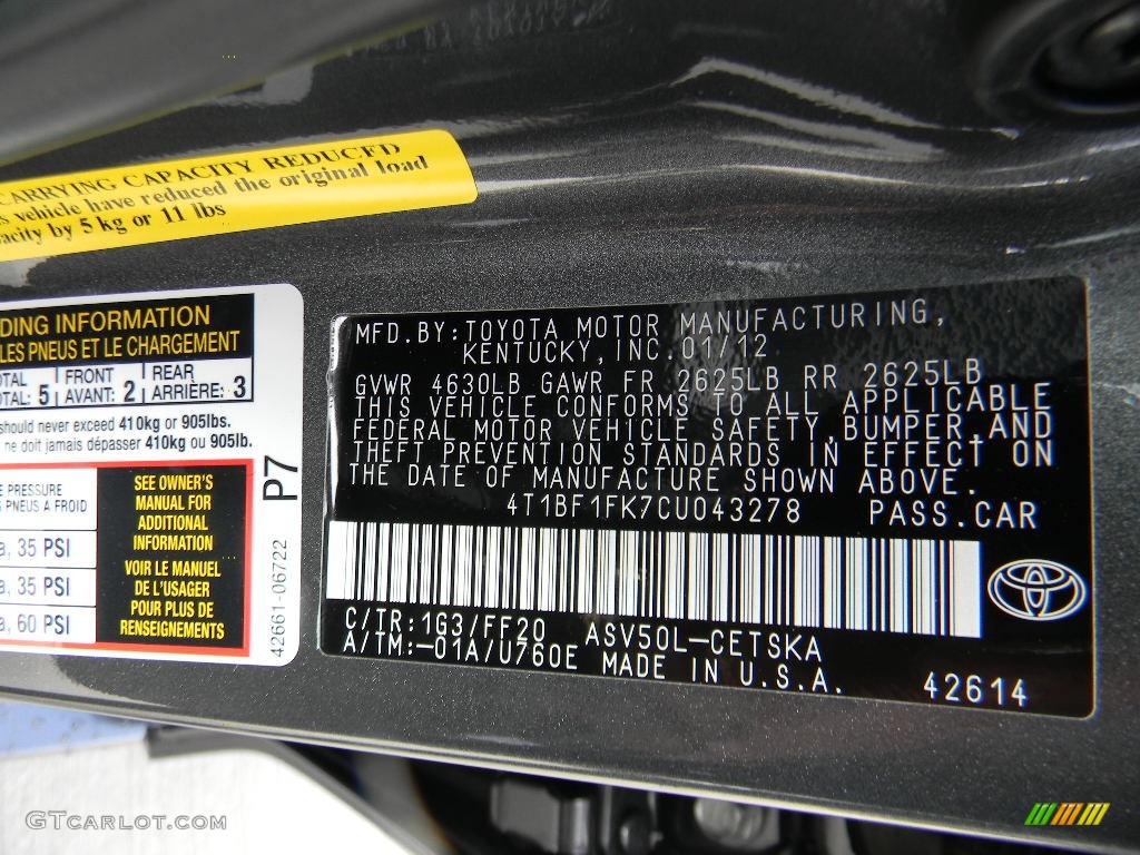 2012 Camry Color Code 1G3 for Magnetic Gray Metallic Photo #59994217