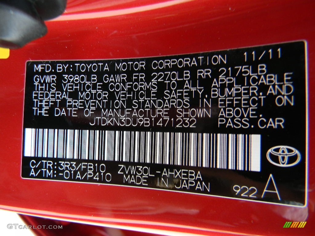 2011 Prius Color Code 3R3 for Barcelona Red Metallic Photo #59995853