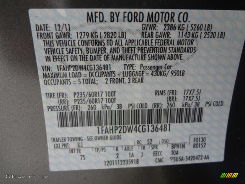 2012 Ford Taurus SE Color Code Photos