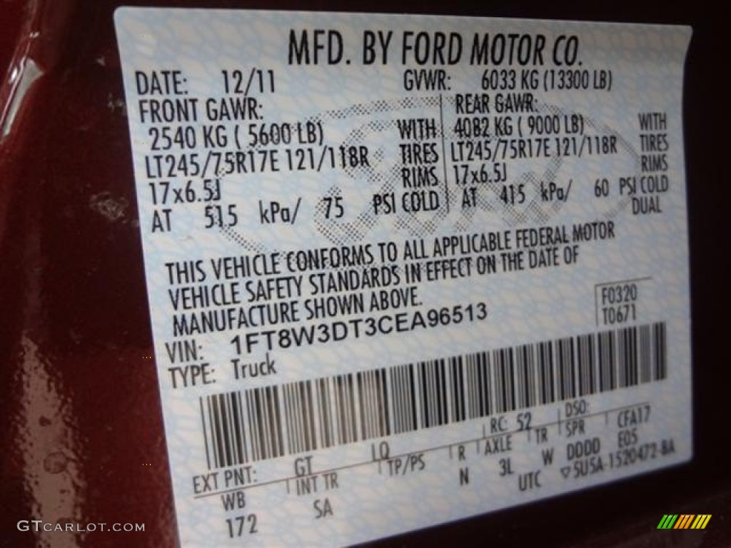 2012 F350 Super Duty Color Code GT for Autumn Red Photo #60005606