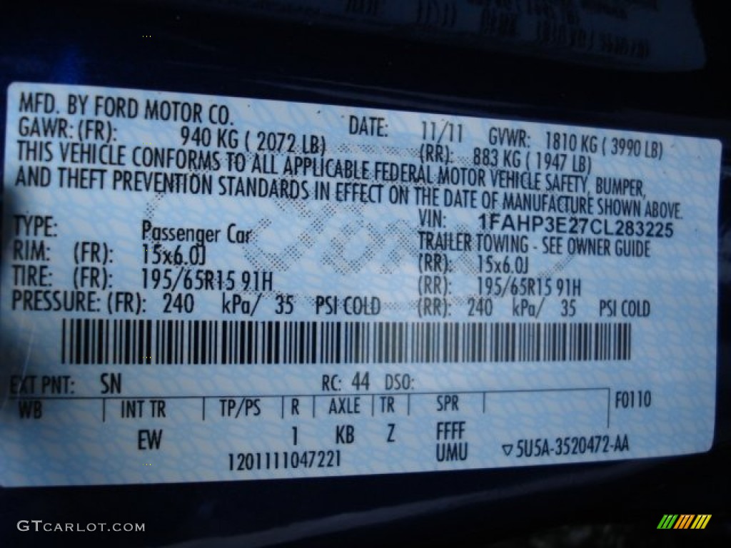 2012 Focus Color Code SN for Sonic Blue Metallic Photo #60009937