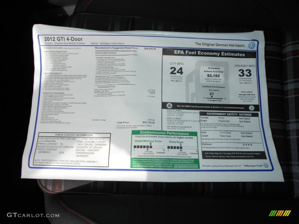2012 Volkswagen GTI 4 Door Window Sticker Photo #60019836