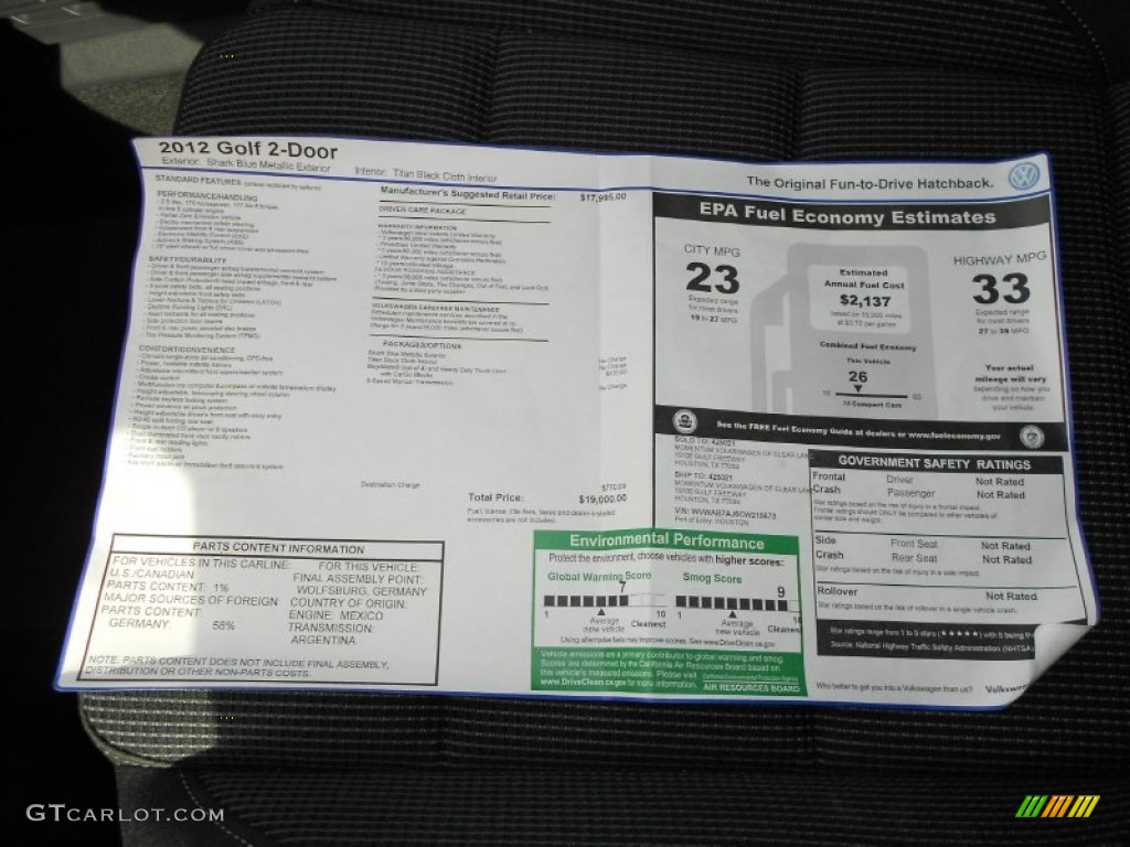 2012 Volkswagen Golf 2 Door Window Sticker Photo #60020027