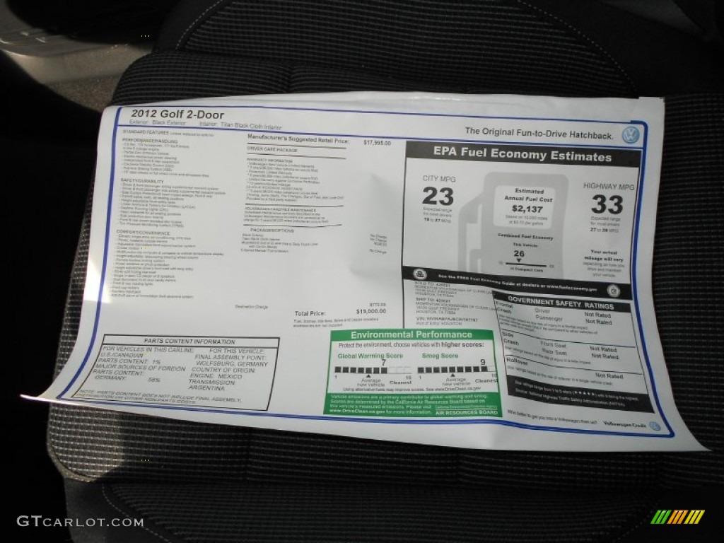 2012 Volkswagen Golf 2 Door Window Sticker Photo #60020463