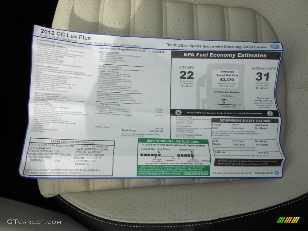 2012 Volkswagen CC Lux Plus Window Sticker Photo #60022742