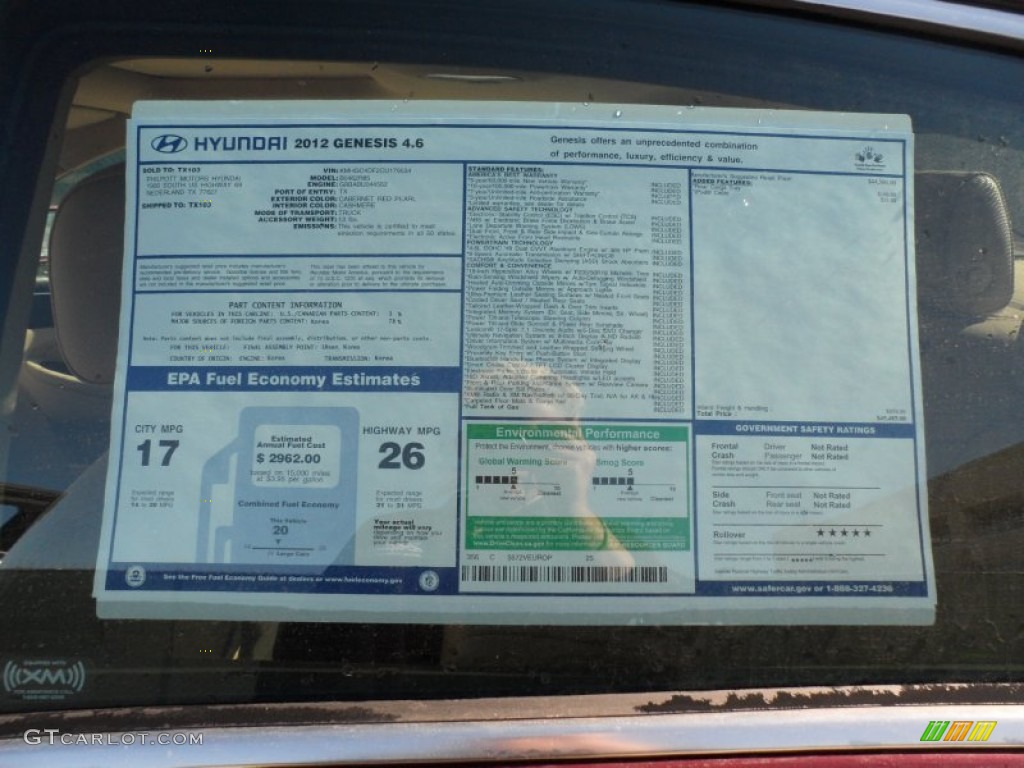 2012 Hyundai Genesis 4.6 Sedan Window Sticker Photo #60036242