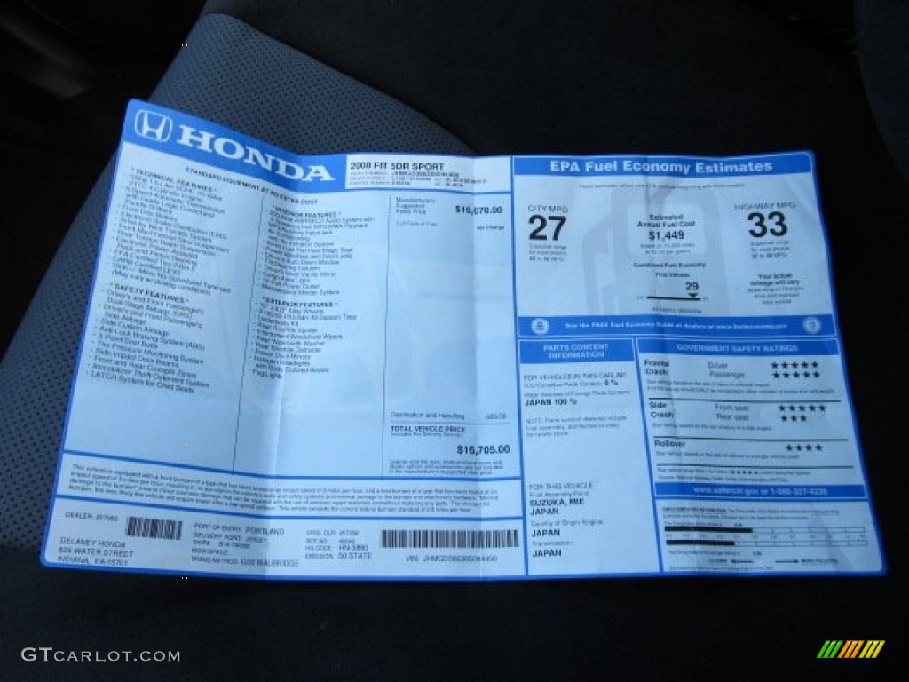 2008 Honda Fit Sport Window Sticker Photo #60048648
