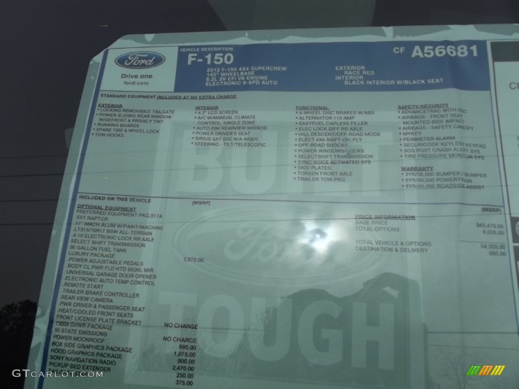 2012 Ford F150 SVT Raptor SuperCrew 4x4 Window Sticker Photo #60065712