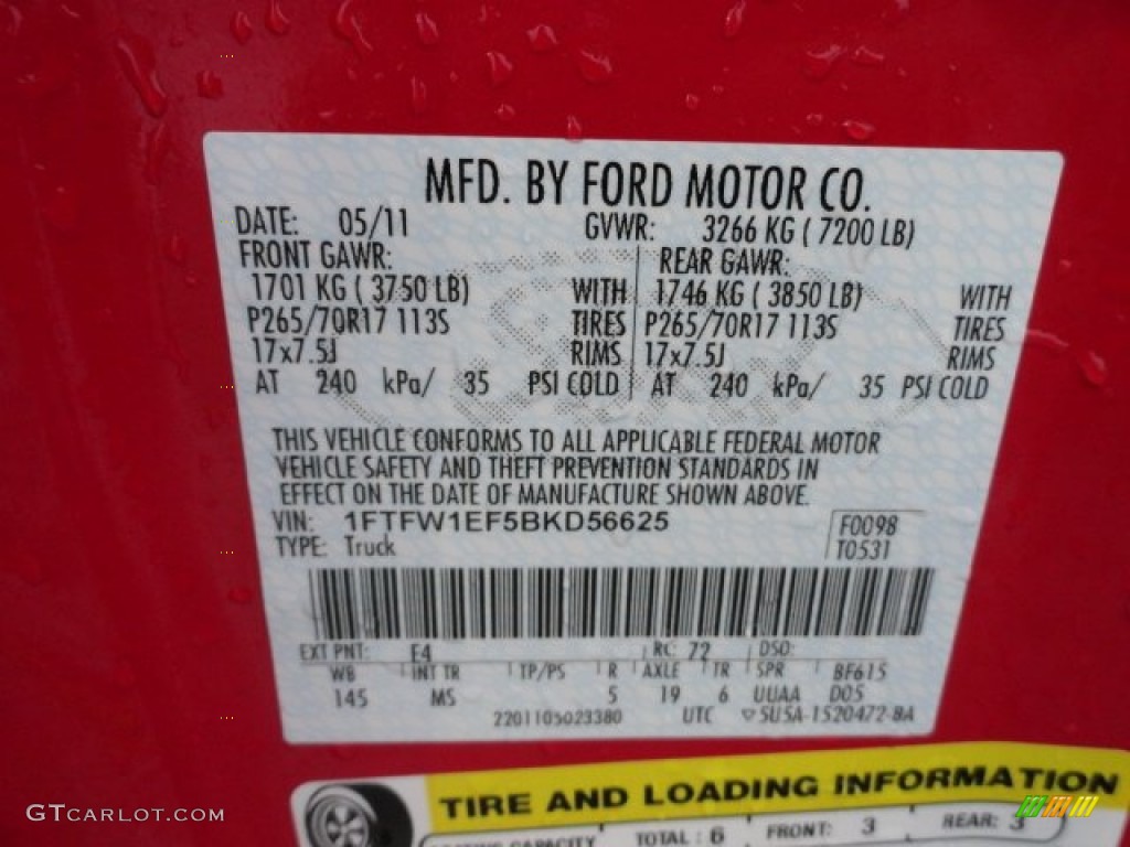 2011 F150 Color Code E4 for Vermillion Red Photo #60080526