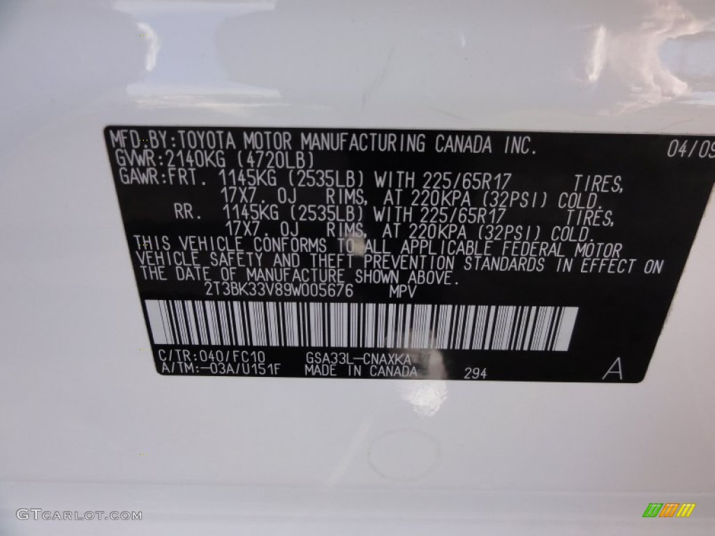 2009 RAV4 Color Code 040 for Super White Photo #60080888