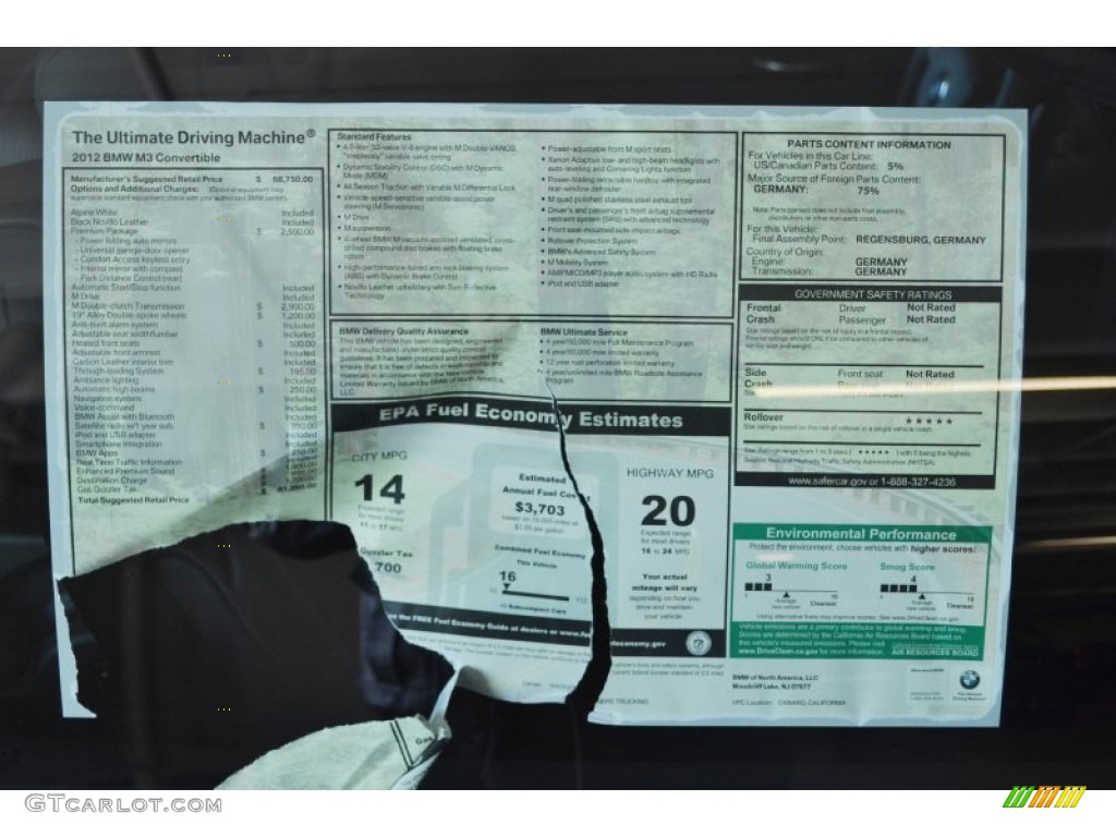 2012 BMW M3 Convertible Window Sticker Photo #60093966