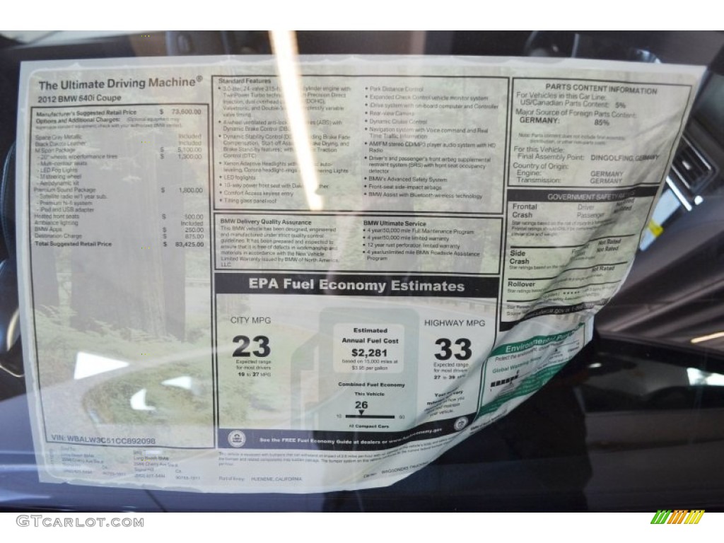 2012 BMW 6 Series 640i Coupe Window Sticker Photo #60095329
