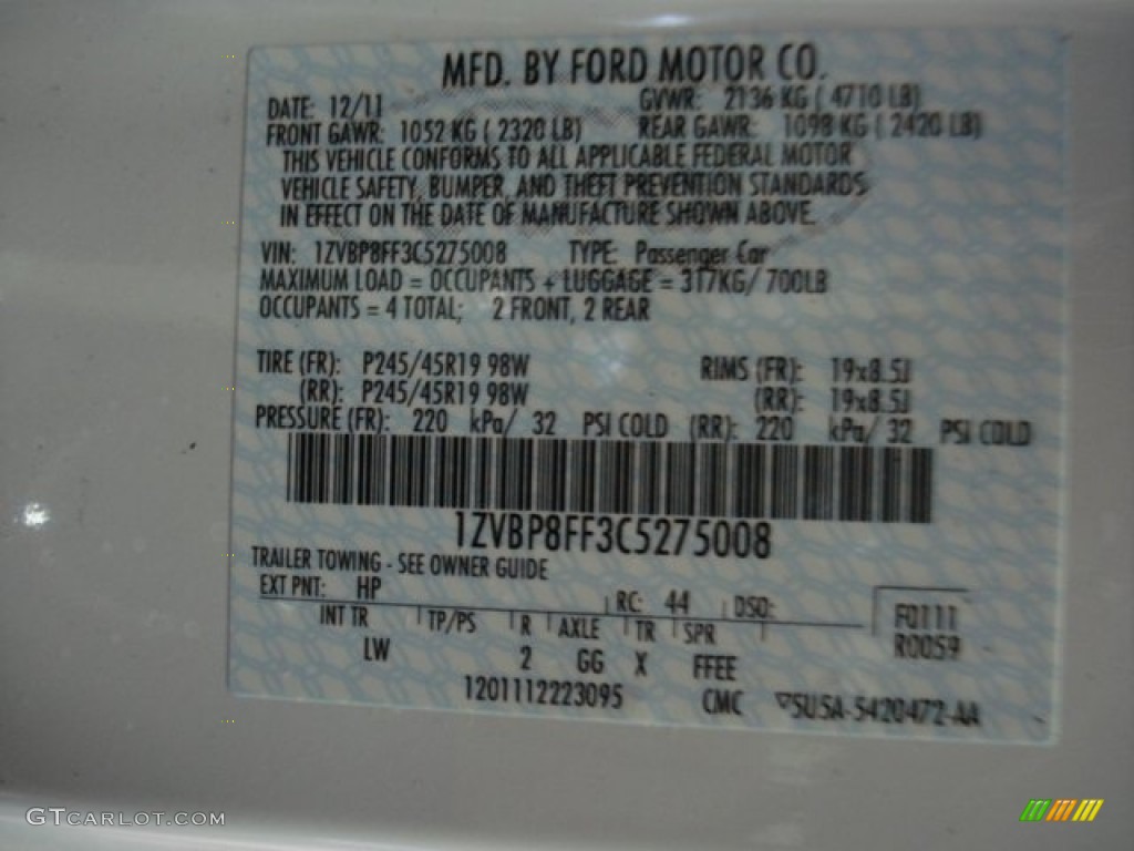 2012 Mustang Color Code HP for Performance White Photo #60110067