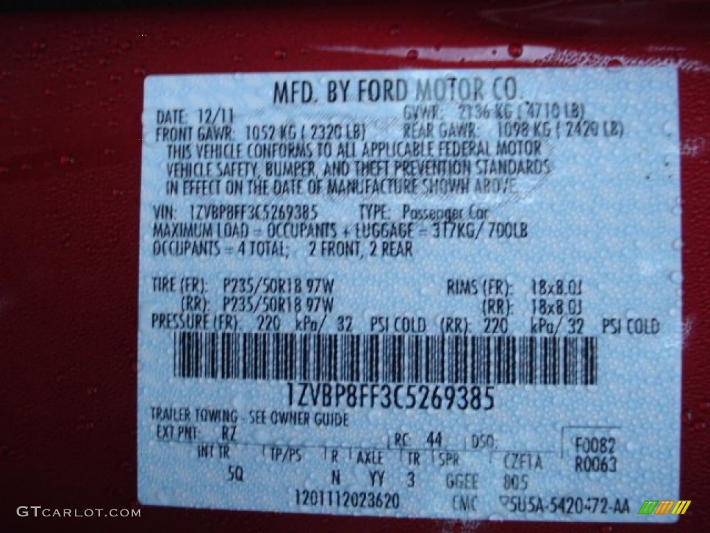 2012 Mustang Color Code RZ for Red Candy Metallic Photo #60110187