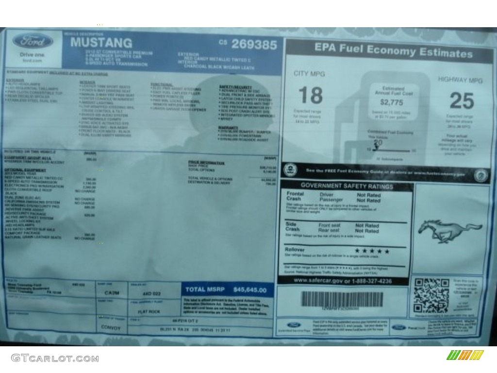 2012 Ford Mustang GT Premium Convertible Window Sticker Photo #60110190