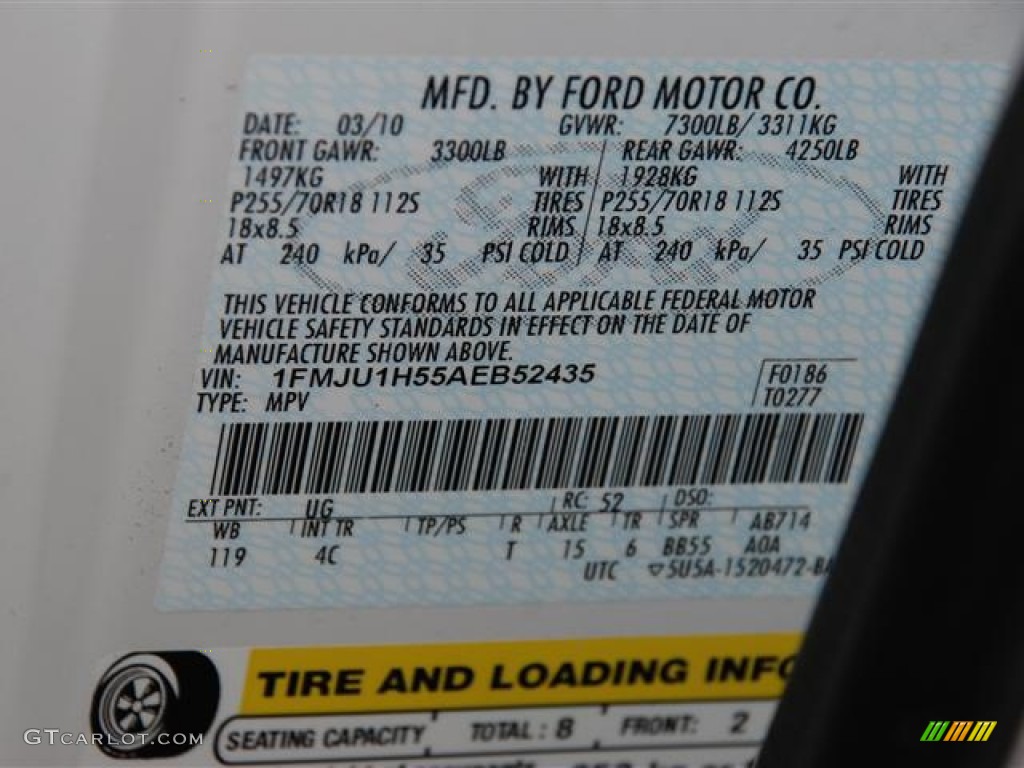 2010 Expedition Color Code UG for White Platinum Tri-Coat Metallic Photo #60118707