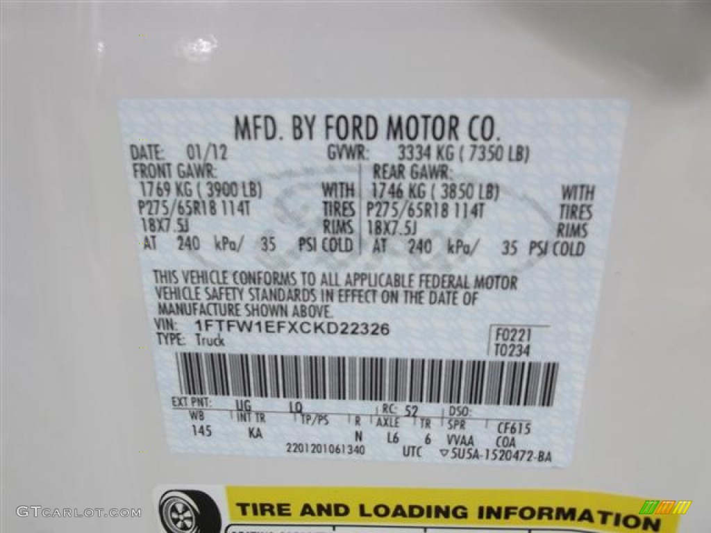 2012 F150 Color Code UG for White Platinum Metallic Tri-Coat Photo #60122947