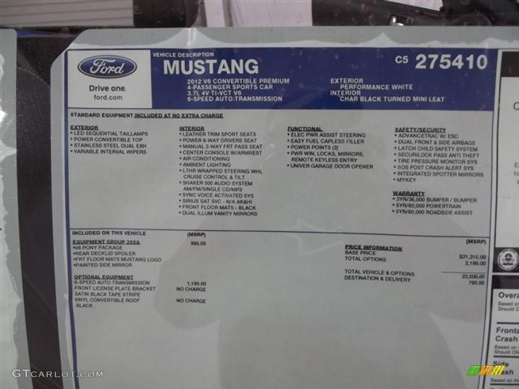 2012 Ford Mustang V6 Premium Convertible Window Sticker Photos