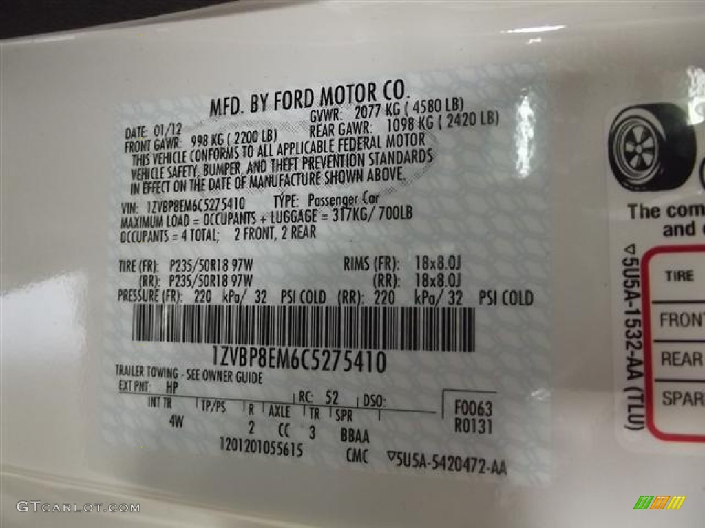 2012 Mustang Color Code HP for Performance White Photo #60126840