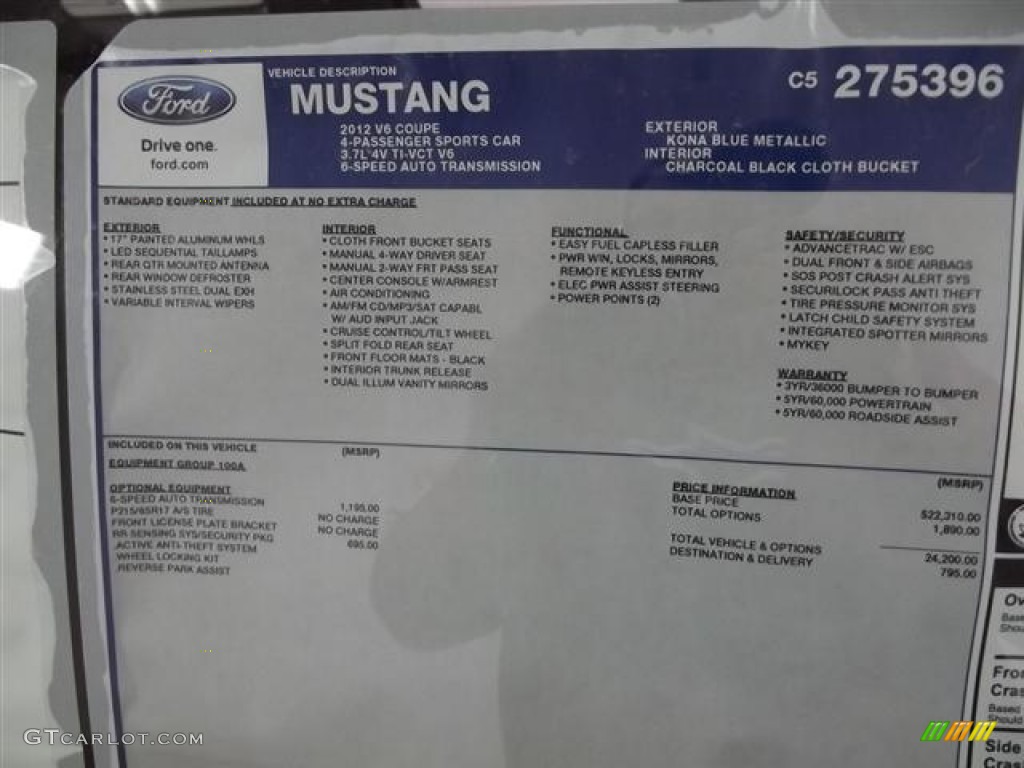 2012 Ford Mustang V6 Coupe Window Sticker Photo #60127449