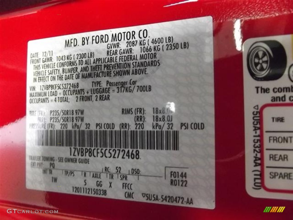 2012 Mustang Color Code PQ for Race Red Photo #60127916