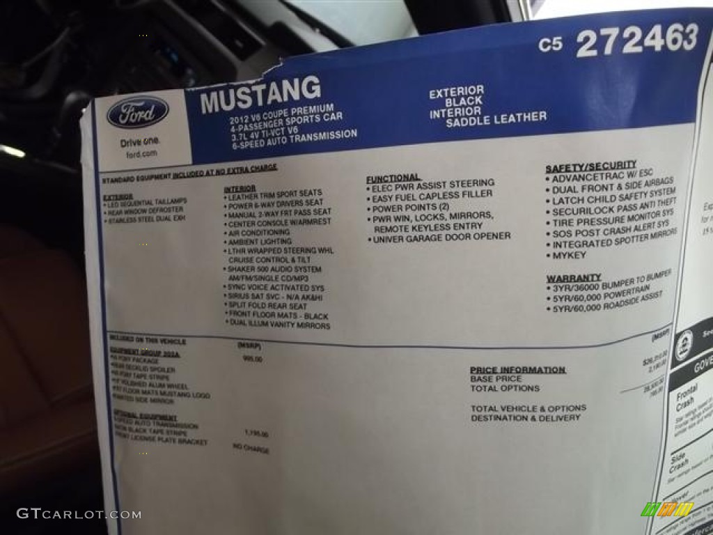 2012 Ford Mustang V6 Premium Coupe Window Sticker Photos