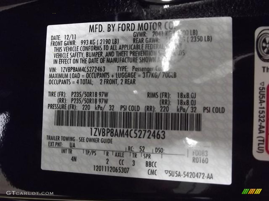 2012 Mustang Color Code UA for Black Photo #60128115